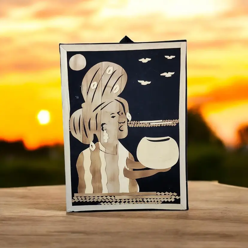 Vintage Folk Art Handcrafted African Woman Applied Wood  Headdress Bowl Birds 11"x 8" Wall Mount