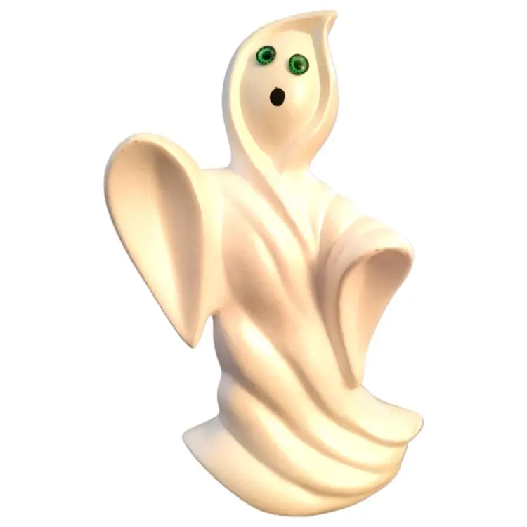 70's Vintage Halloween Ceramic Spooky White Ghost 9" Green Eyes