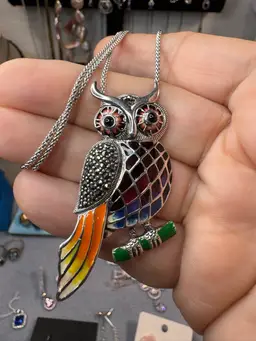 Gorgeous .925 Pendant/Brooch Owl W/Marcasite & Enamel Along W/a 18-20” .o25 Chain