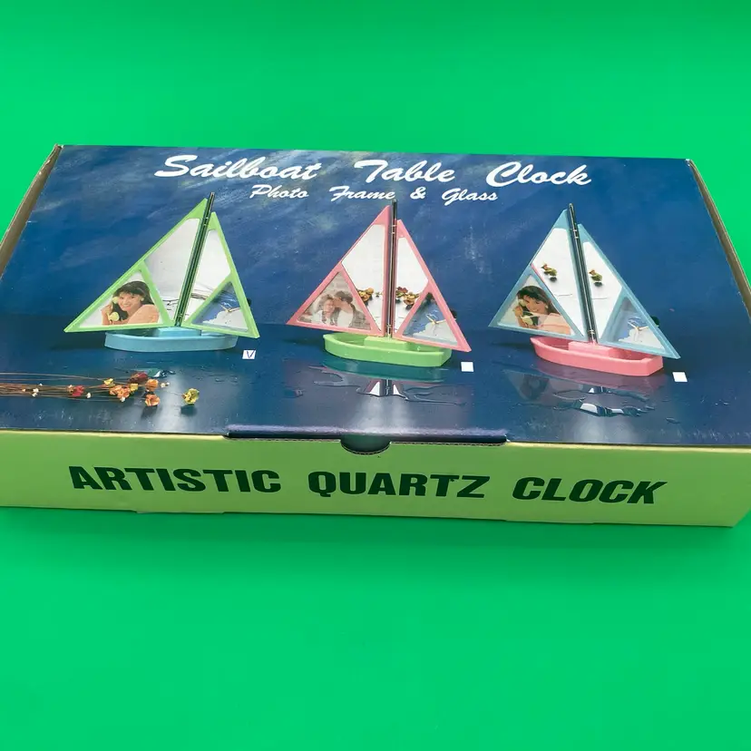 Retro 1980's Sailboat Table Clock, Photo Frame & Mirror - Blue & Green - NOS