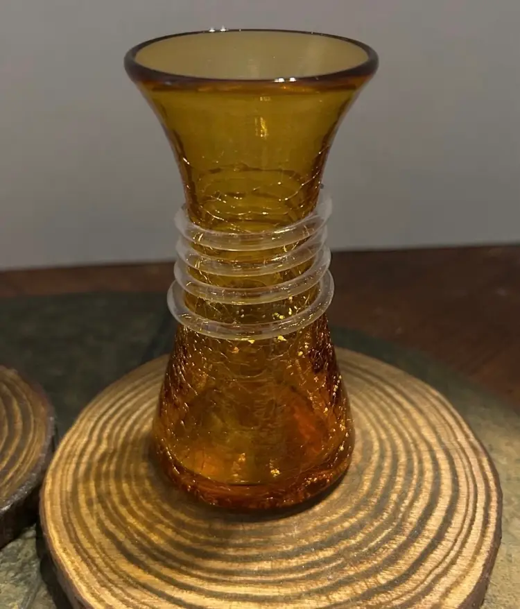 Pair (2) of Vintage Blenko Amber Crackled Glass Candle Holders, Shot Glass, Bud Vases …….