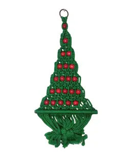 Vtg MCM Macrame Beaded Hanging Christmas Tree Boho Wall Decor Handmade Holiday