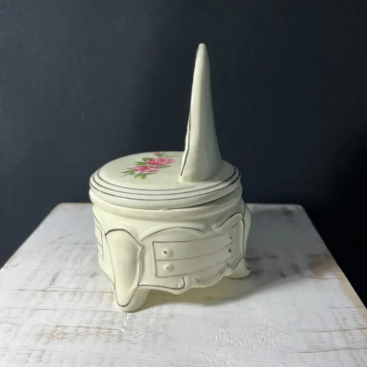 VTG Victorian Style Ceramic Vanity Trinket Box W/mirror-Ivory Colored w/pink Roses and Gold Trim