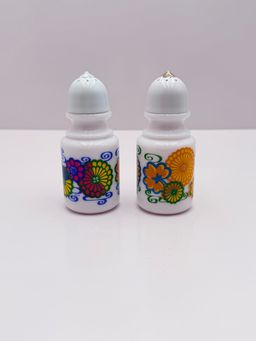 White Milk Glass Avon Bright Floral Design Bath Shaker Bottles