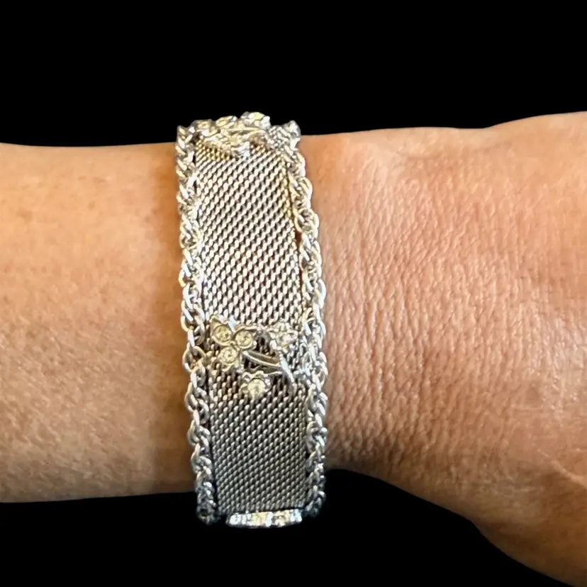 Vintage MCM Mesh & Rope Chain Rhinestone Flower Bracelet w/ Foldover Clasp 7.25”