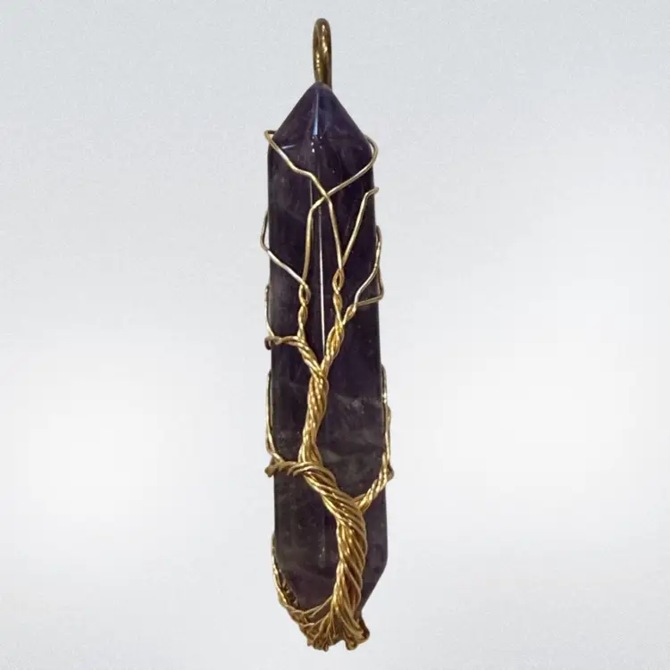 Handmade Amethyst Chakra Stone Crystal Wire Wrapped Tree of Life Pendant