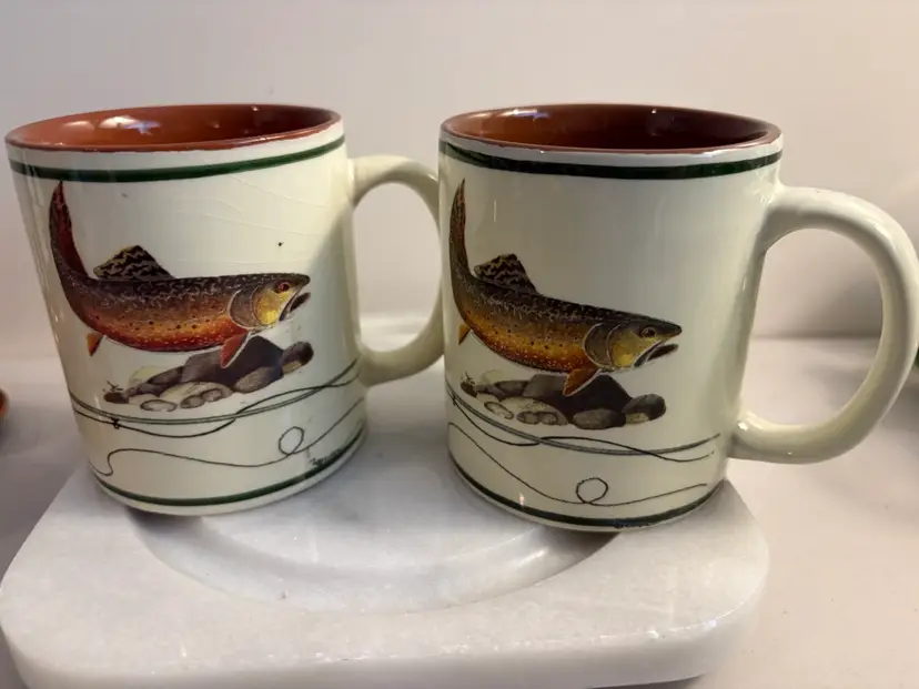 RIVERS EDGE COFFEE TEA CUP MUG TROUT FISH W/LURE ROD LOT OF 2 OUTDOORS