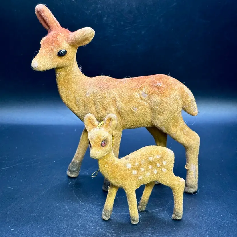 Pair Set Of 2 Vintage Brown Flocked Deer Fawns 5” & 3”