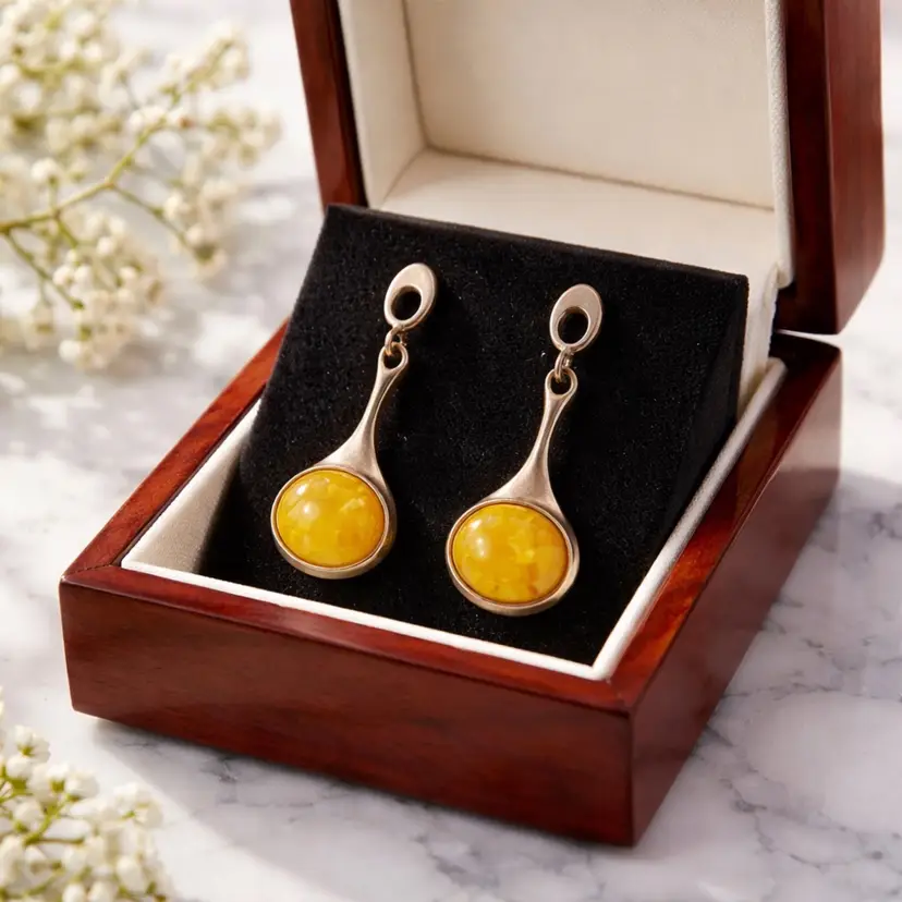 Sterling Silver & Butterscotch Amber Earrings, 1.5"