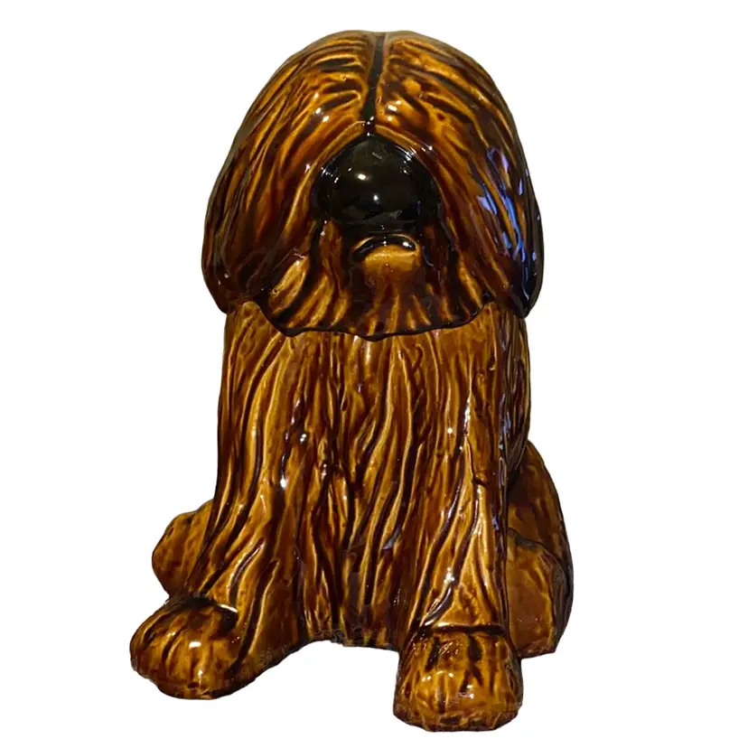 Ceramic Glazed Brown Sheep Dog Cookie Jar 