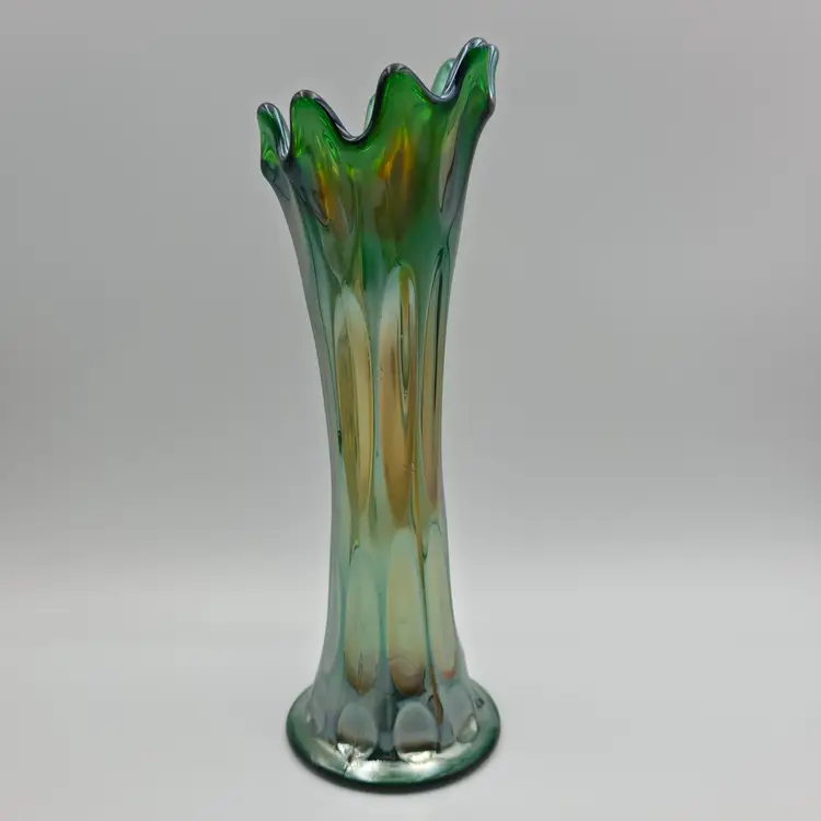 Antique Fenton Green Carnival Glass Vase Long Thumbprint Vase