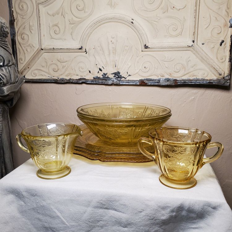 Amber Yellow Depression Glass Serving Set Mixed Patterns
