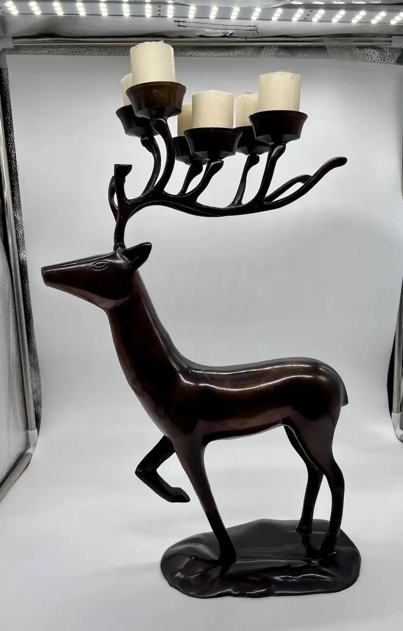 Bronze Colored Metal Large 18” Prancing Reindeer 6 Votive Candleholder