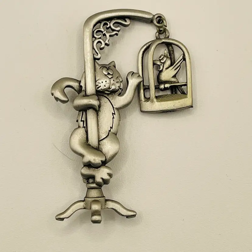 Vintage JJ Jonette Curious Cat & the Birdcage Brooch