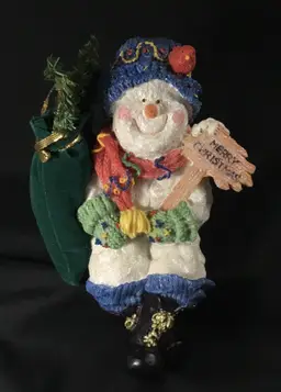 Christmas snowman figurine shelf sitter, polystone & glitter, 6.75" x 4.5 " x 3"