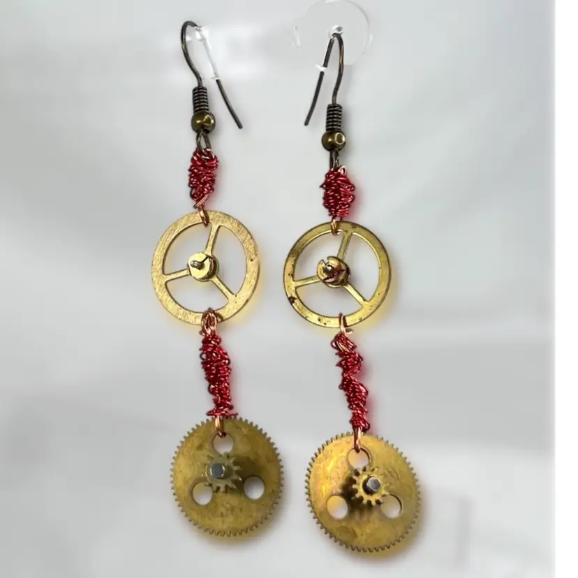 Reinvented Earrings from Brass Clock Gears & Red Computer Wires. Conversation Starter. Steampunk Inpspired. Handmade by Me 🫶
