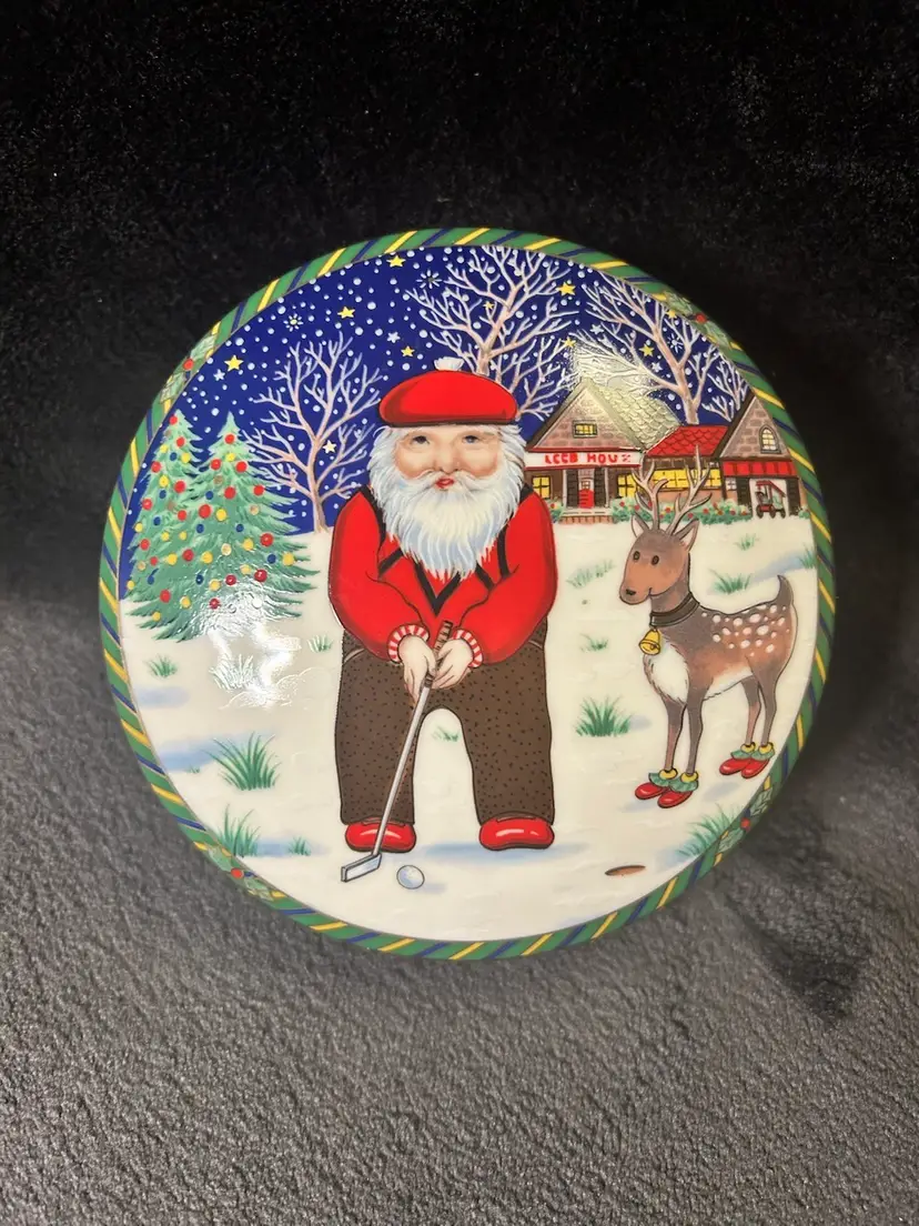 MIKASA CHRISTMAS SANTA GOLFING PORCELAIN  TRINKET BOX