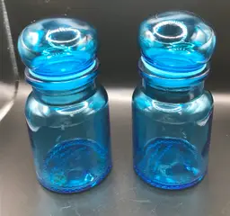 Vintage Belgium Blue Glass Apothecary Jar with Bubble Lid 7" Tall - Set of 2