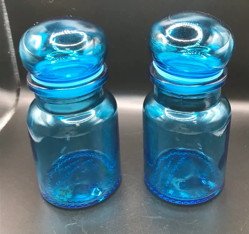 Vintage Belgium Blue Glass Apothecary Jar with Bubble Lid 7" Tall - Set of 2