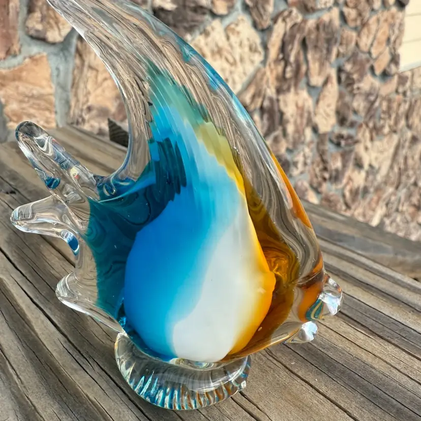 Modern SommersoStyle Art Glass Tropical Fish  Blue & Amber