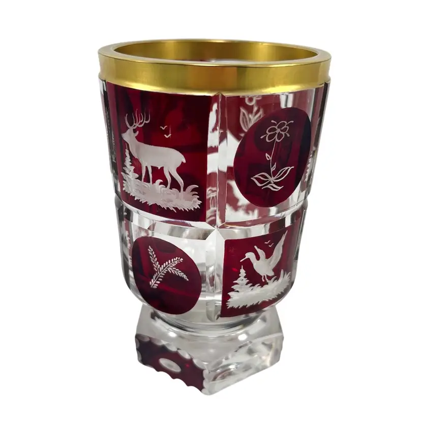 Bohemian Glass Etched Vase, Ruby Cut To Clear Etched Nature Scenes Glass With Gold Rim, Antique Glass Vase