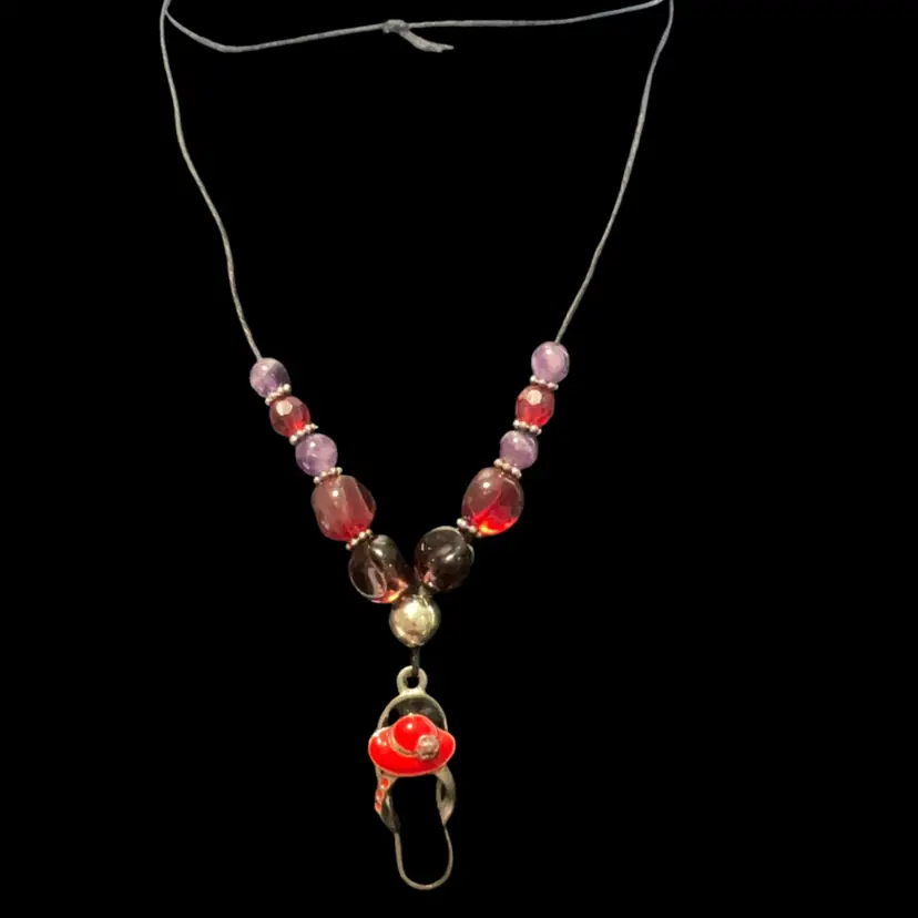 Artisan Made Adjustable Cord Summertime Silver Tone Flip-flop Necklace With Red And Purple-bluish Glass Beads
