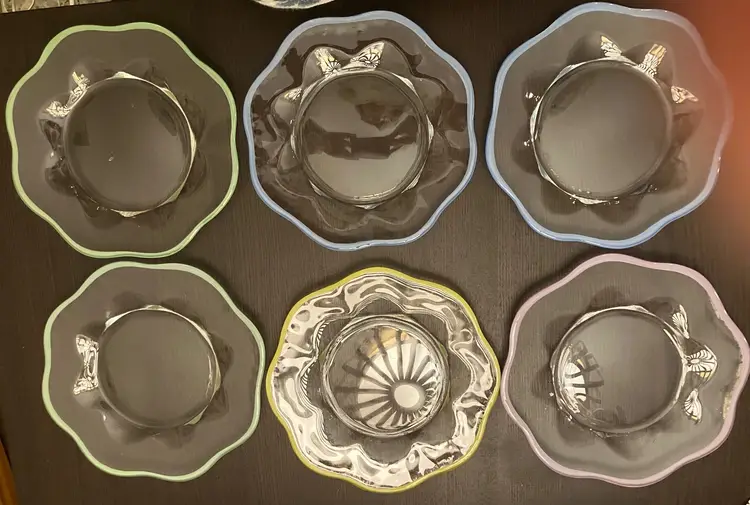 Ruffle-Edged Clear Glass Plates with Pastel Colored Rims Unmarked Lot of 6