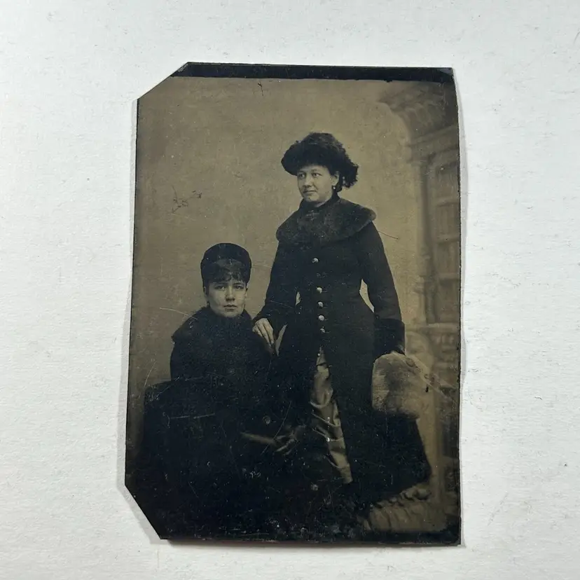 Tintype Pair of Women Black Coats Muffs Touching Leather Gloves Black Hats