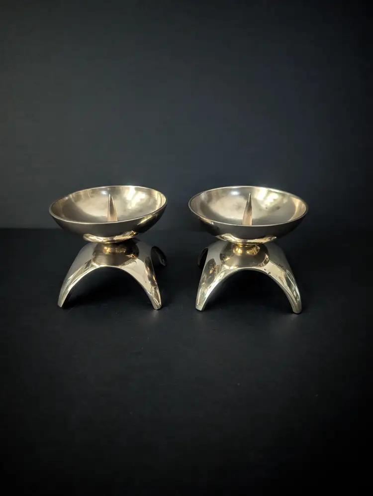 Mid Century Brass Atomic Style Candle Holders Set Of 2
