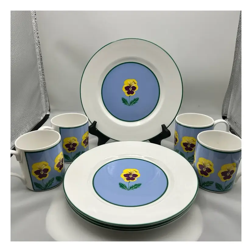 Crown Trent One China Set With Yellow Pansies On Blue Background