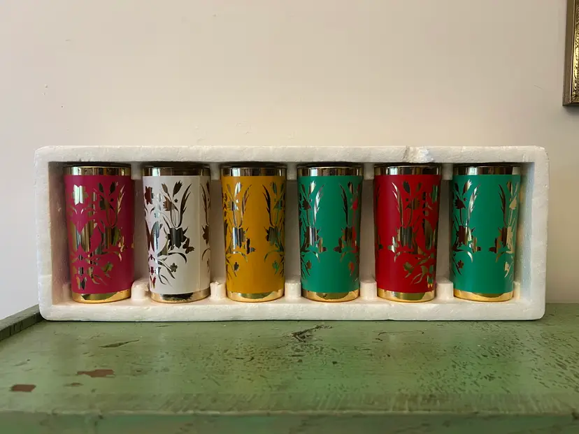 Vintage Butterfly Drinking Glasses by Mirtex. Original Box. 1990s Rainbow and Gold Glass Cups. Complete Set