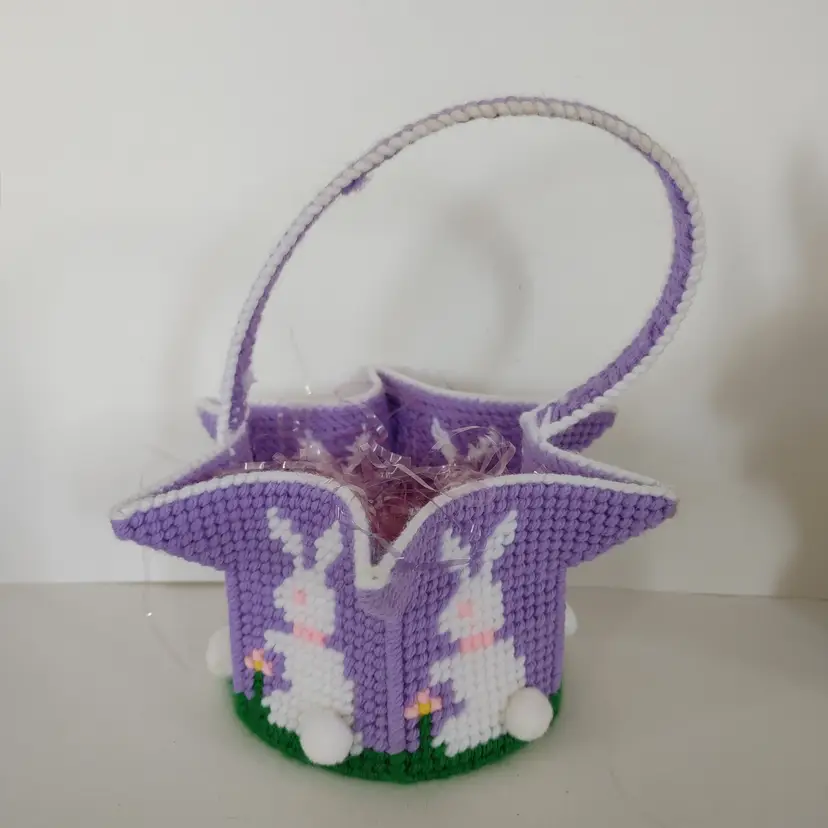 Hand made Bunny Rabbit Easter Basket. Good condition. 7 inches wide and 3.5 high or 8 high with handle.