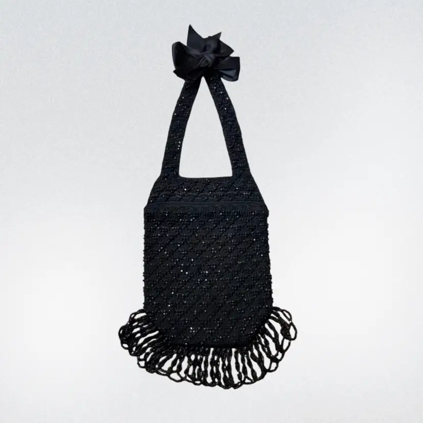 Antique Art, Deco Hand Beaded Black Glass Seed Bead, Flapper Purse Exc