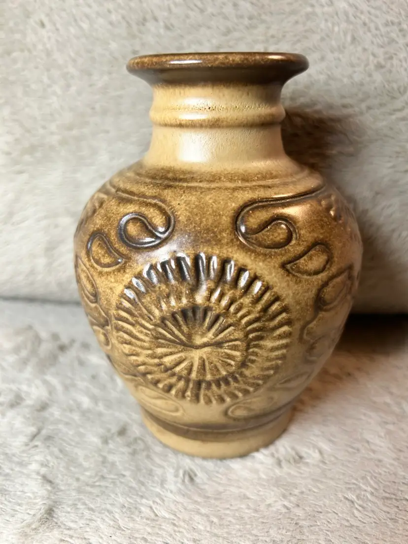 Vintage West Germany Hand Made Art Pottery Vase German Folk Art Brown