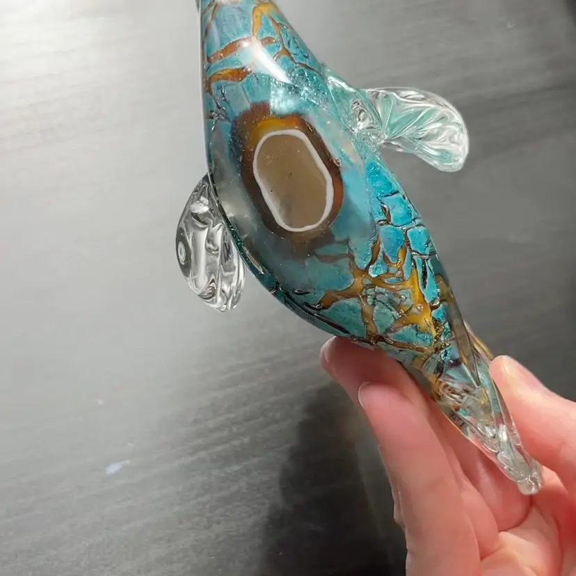 Large Teal And Yellow Art Glass Fish With Silver Flakes, Art Glass Fish Paperweight