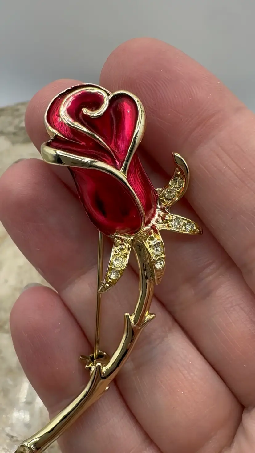 Vintage Luca Razza Red Enamel & Rhinestone Rose Brooch