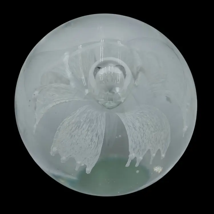 Vintage White Lattice Flower w/Controlled Bubble Art Glass Paperweight