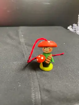 Steinbach-West Germany-Wood "Mushroom Man" w/ Red and White Polka Dot Hat, Holding a Pine Cone & Standing by Another Red & White Mushroom-Lot 60