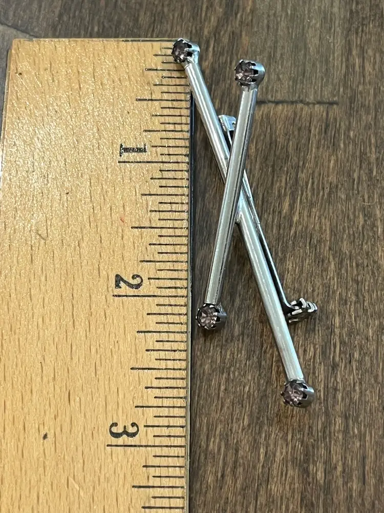 Vintage Crisscross Silvertone Bar Brooch Purple Rhinestones