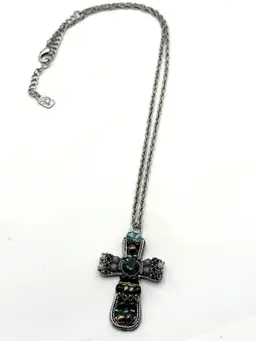Vintage blue crystal rhinestone beaded cross pendant charm necklace