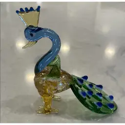 Pier 1, Handmade Miniature Glass Peacock in Green/Blue/Amber, Original Box