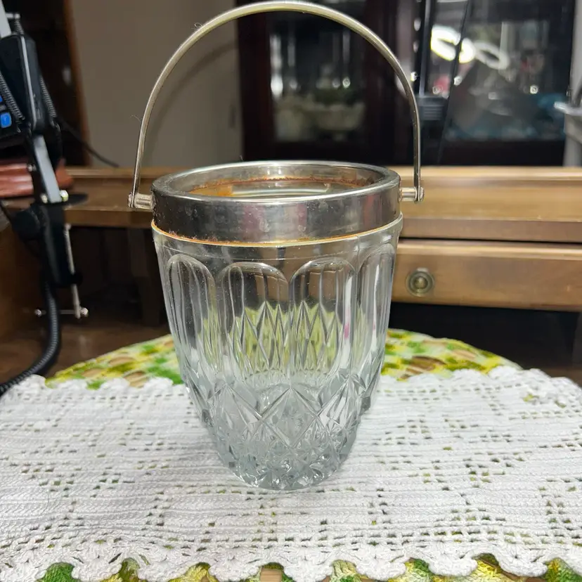 Vintage MCM Small Ice Bucket With Silver-Tone Rim And Handle