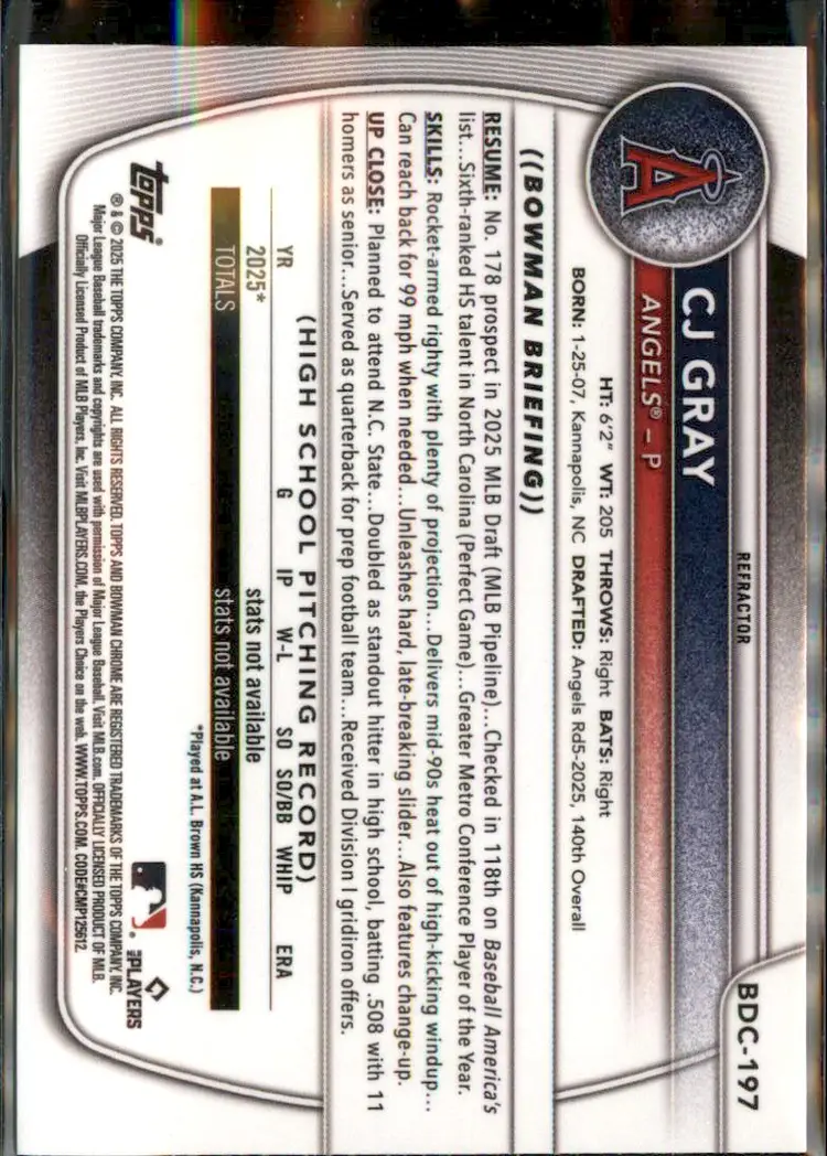2025 Bowman Draft #BDC-197 CJ Gray Chrome Refractor - (138) - Los Angeles Angels