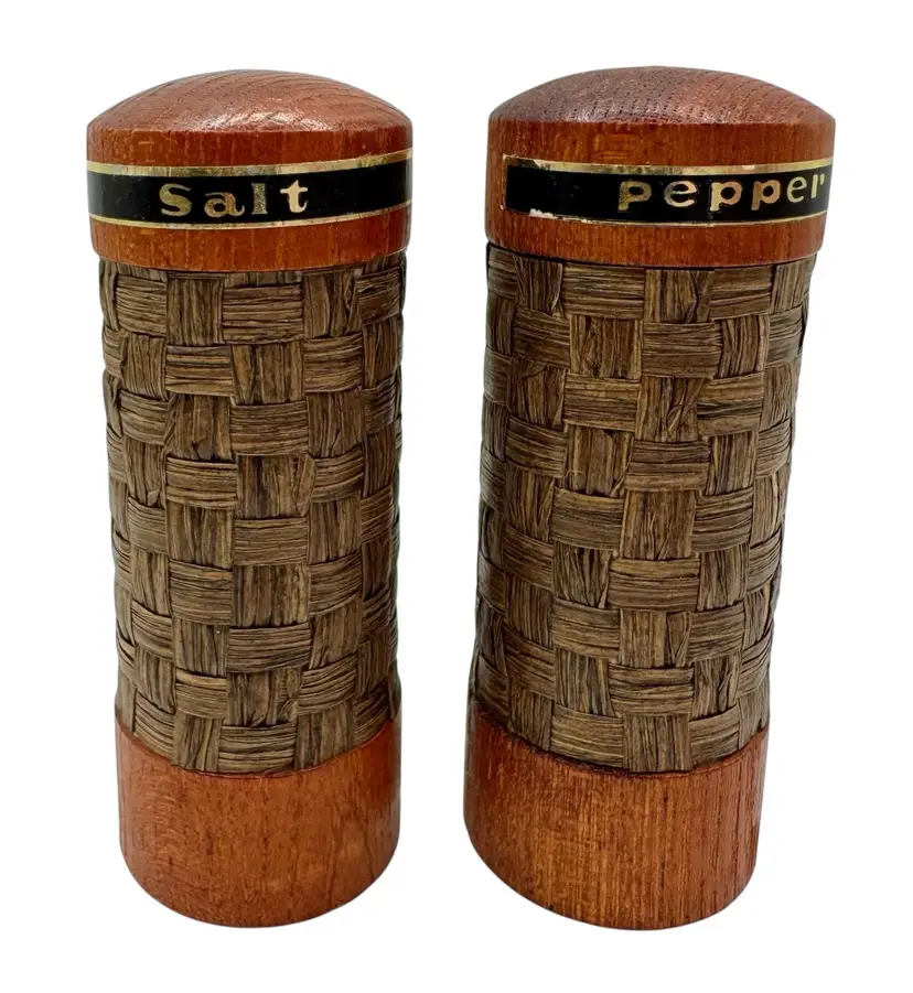 Vintage Salt and Pepper Shakers Set Wood Woven Bamboo Raffia Mid Century Japan