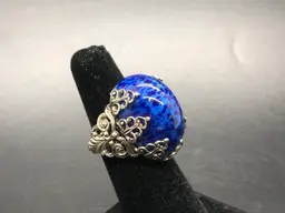 Vintage German Adjustable Large Blue Lapis Lazuli Filagree Stainless Steel Ring