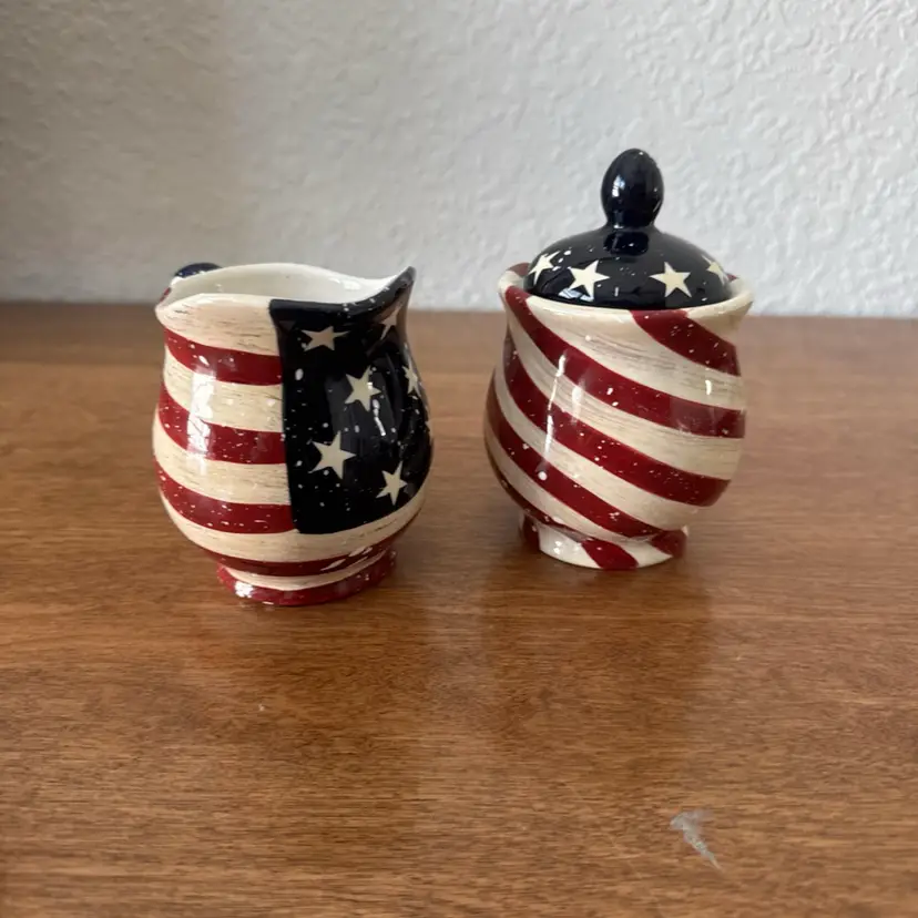 Ceramic Stars Stripes Red White & Blue Flag Sugar Creamer Set Americana
