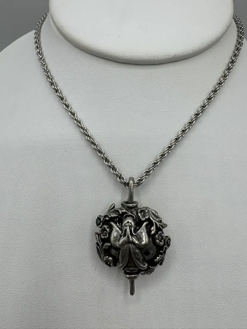 Vintage Angelic Perfume Diffuser Pendant Necklace - Silver Tone - 24”
