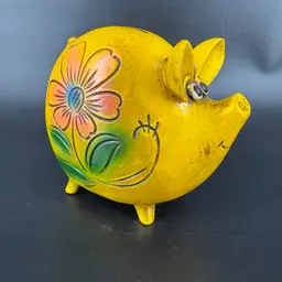 Vintage Kitschy Yellow Piggy Bank W/ Embossed And Painted Flowers