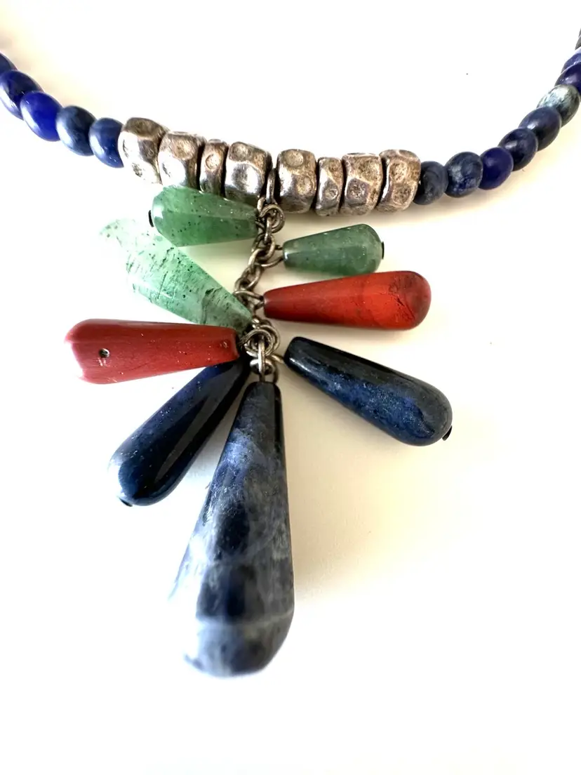 Ralph Lauren Gemstone Necklace 14” With 2” Extender Sodalite, Aventurine, Dumortierite And Red Jasper Pendants