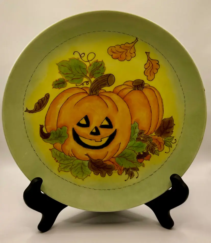 Vintage 1980 Halloween Pumpkin Plate, Hand-Painted Ceramic Decor, Unknown Artist, Signed By Grandma 10/29/80